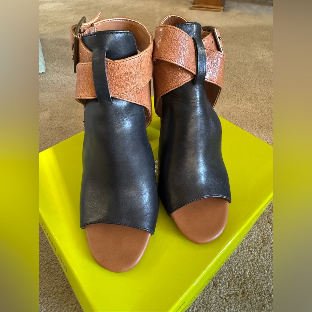Gianni Bini Black and Tan Heeled Boots with Peep-Toe